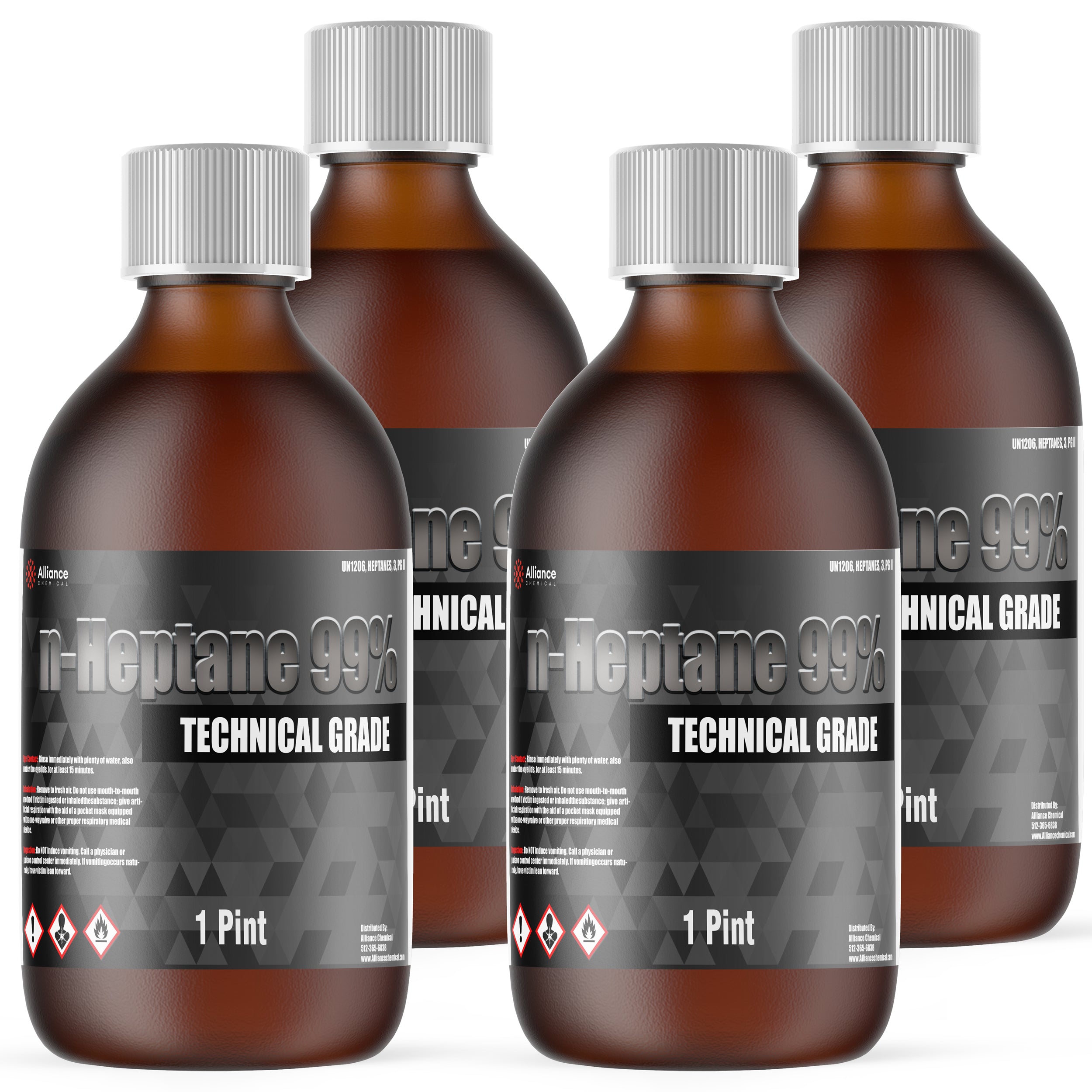 1-pint amber glass bottles of 99% n-Heptane Technical Grade solvent with gray labels, GHS hazard symbols, and white ribbed caps - 4-bottle set.